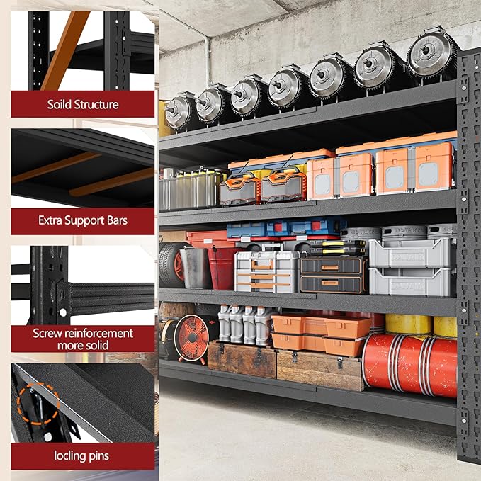 RAVIGIN 8000LBS Storage Shelves, 68" W Garage Shelving Heavy Duty Metal Adjustable Garage Shelves, Shelving Units Industrial Shelving for Warehouse, 68" W x 24" D x 63.4" H, Black