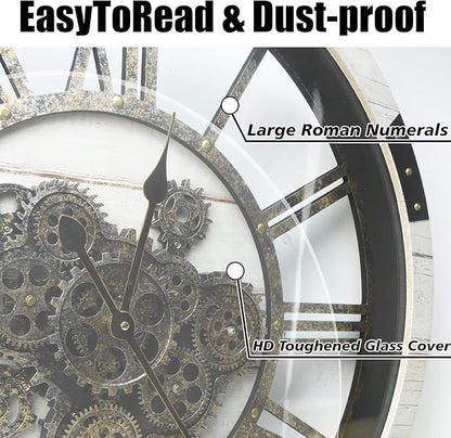 27" Large Real Moving Gears Wall Clock with Toughened Glass Cover Solid Wood Retro Metal Skeleton Oversized Vintage Steampunk Rustic Clock for Living Room Decor Home Farmhouse Kitchen(Desert Beige)