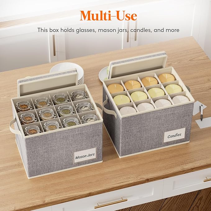 Lifewit 3 Pcs Wine Glass Storage Box with Dividers, Stackable Cationic Hard Shell Stemware Organizer with 36 Cells, Foldable Dustproof China Containers for Moving, Light Grey