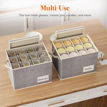 Lifewit 3 Pcs Wine Glass Storage Box with Dividers, Stackable Cationic Hard Shell Stemware Organizer with 36 Cells, Foldable Dustproof China Containers for Moving, Light Grey