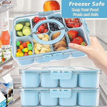 shopwithgreen Divided Serving Tray with Lid and Handle, Portable Snackle Box Charcuterie Container for Party, Veggies, Fruits, Nuts, Candy, Food Tray Platter Snack Box for Entertaining, Picnic, Blue