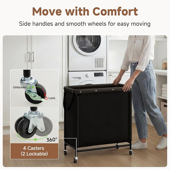 StorageWorks 3 Section Laundry Hamper, Rolling Laundry Cart with Wheels and Handles, Laundry Room Double Sorter for Organizer and Storage, 31.7 Gal(120L), Black