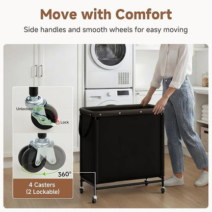 StorageWorks 3 Section Laundry Hamper, Rolling Laundry Cart with Wheels and Handles, Laundry Room Double Sorter for Organizer and Storage, 31.7 Gal(120L), Black