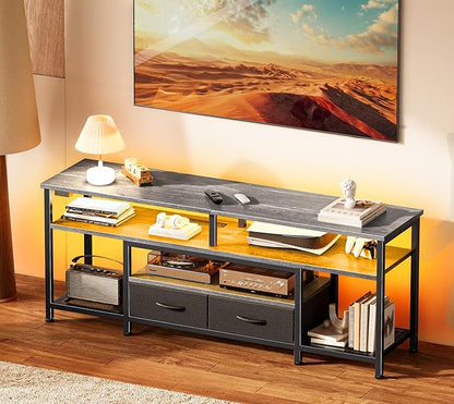 Huuger TV Stand for 55 60 Inch TV, Entertainment Center with Power Outlets and LED Lights, 54 Inch TV Console for Living Room, Media Console with Drawers and Shelves, Grey, 8778HC
