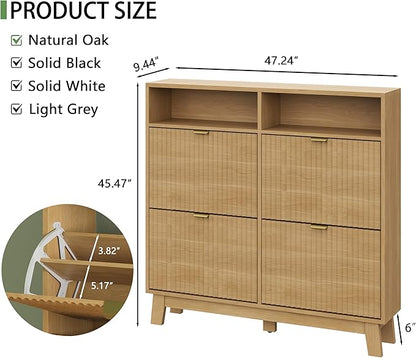 Shoe Cabinet with 4 Flip Drawers, 46" Tall Hidden Fluted Shoe Storage Organizer for Entryway, Narrow Slim Wooden Shoe Rack Cabinet for Front Door Entrance, Hallway, Living Room, Natural Oak