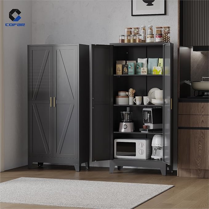 COFaR Black Metal Cabinet, 61 in Tall Metal Storage Cabinet with 3 Adjustable Shelves and Barn Doors, Farmhouse Cabinet Pantry Cupboard for Garage Office Room Kitchen Shop, Black 4 Tiers