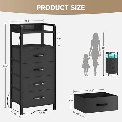 Lazzanto Night Stand Bedside Table Bedroom - Tall Nightstand with Charging Station & LED Light Strip, Bed Side Table with Storage Shelf & 4 Fabric Drawers, 2 U-S-B Ports & 2 AC Outlets
