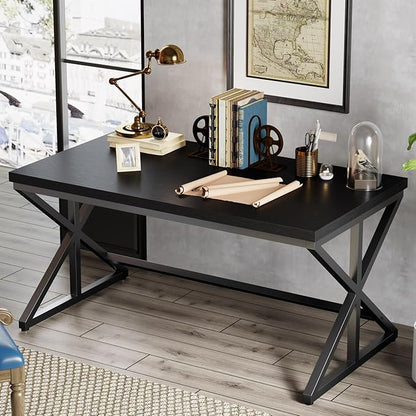 IBF Modern Black Computer Desk, Long Home Office Desk for Writing Study, Large Simple Wood Metal Work Desk in Bedroom, Big Industrial Pc Gaming Workstation Executive Computer Table, Black Oak, 60 Inch
