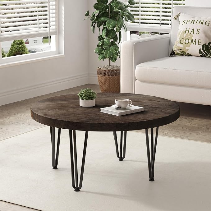 FLYJOE Rustic Wood Round Coffee Table with Metal Legs, Solid Elm Wood Top and Non-Slip Feet Pads - Farmhouse Style for Living Room, Walnut