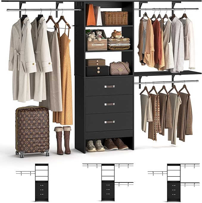 8FT Closet System, 96'' Closet Organizer System with 3 Hanging Rods, Wall Mount Bedroom Wardrobe with 3 Drawers Walk-in Closet, Adjustable Cloth Garment Rack from 5 to 8FT (Cut to Fit), Black