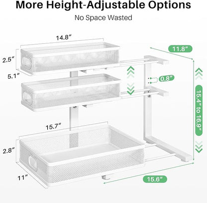 Kitstorack Under Sink Organizer, 1-Pack 3-Tier Height Adjustable Thickened Metal Pull out Cabinet Organizer Shelf, Slide out Storage Drawer Rack for Bathroom Kitchen Pantry Home Laundry Organization