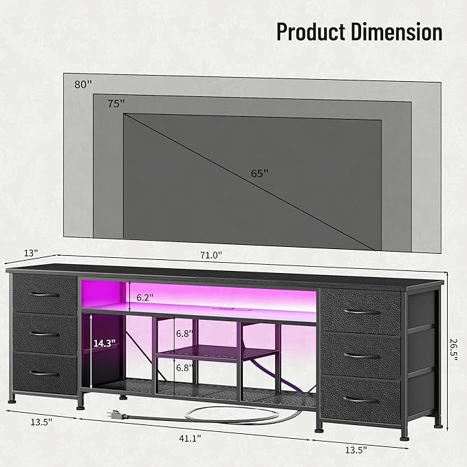 Furologee LED TV Stand for 65, 70, 80 Inch TV, 71 Inch Entertainment Center with Power Outlets, 6 Fabric Drawers Dresser for Bedroom, Media Console with Open Shelves, PU Leather Surface, Black