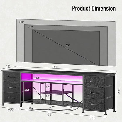 Furologee LED TV Stand for 65, 70, 80 Inch TV, 71 Inch Entertainment Center with Power Outlets, 6 Fabric Drawers Dresser for Bedroom, Media Console with Open Shelves, PU Leather Surface, Black