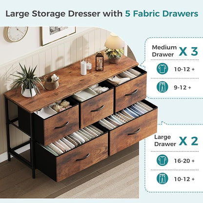 OLIXIS 5 Drawer Dresser for Bedroom, Closet Chest Organizer Furniture, TV Stand for Living Room Hallway, Wide Fabric Storage Tower with Wooden Top and Metal Frame, Brown
