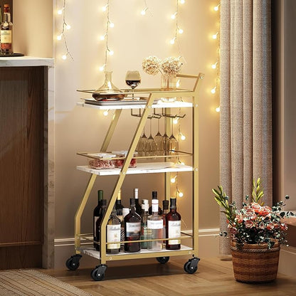 Bar Cart, Gold Bar Cart for The Home, Small Bar Cart on Wheels, Beverage Cart, Home Bar Serving Cart with Glass Holder, Drink Cart for Bar, Kitchen, Marble White and Gold BC03DW