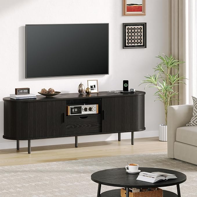 63" Mid-Century TV Stand with Power Outlet, Fluted Entertainment Center with Storage and Drawer, TV Console with Sliding Door and Adjustable Shelves, TV Stand up to 80" for Living Room, Black