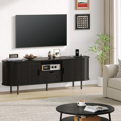 63" Mid-Century TV Stand with Power Outlet, Fluted Entertainment Center with Storage and Drawer, TV Console with Sliding Door and Adjustable Shelves, TV Stand up to 80" for Living Room, Black