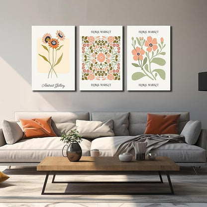SKYRISE 3 PCS Boho Floral Canvas Wall Art, Rustic Botanical Canvas Paintings Prints ArtWork for Living Room, Vintage Flower Pictures for Farmhouse Dining Room Hallway Bedroom Wall Decor 24"x36"