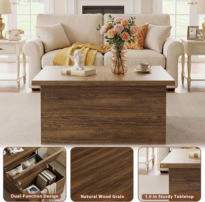 HUAHUU 31.5" Lift Top Coffee Table, 4 in 1 Square Coffee Table with Storage, Center Table with Lifting Top & Large Hidden Storage Compartment for Living Room, Home Office, Walnut