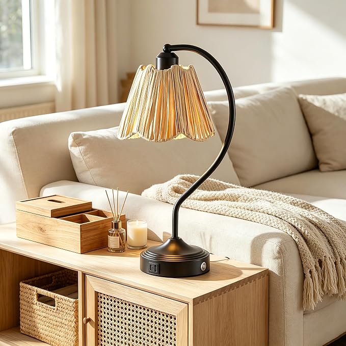 Set of 2 Vintage Small Touch Table Lamps with USB A+C Ports | 3-Way Dimmable Bedside Lamp, Retro Rattan Shade Curved Arm Desk Lamp for Bedroom Living Room Nightstand, Bulb Included
