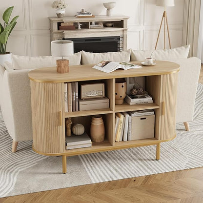 QUW Console Table with Sliding Tambour Doors, 47" TV Stand with Storage & Adjustable Open Shelves for TVs up to 55", Modern Entryway Table for Living Room, Foyer, Hallway, Natural Oak