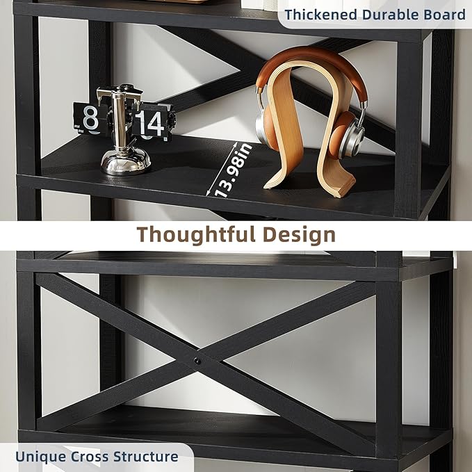 5 Tier Bookshelf 70" Tall Bookcase with Barn Doors,Large Farmhouse Display Book Shelf with Adjustable Shelves and Storage Cabinet， Wood Bookshelves for Living Room,Kitchen,Antique Black(2PCS)