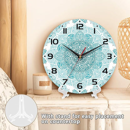 Teal Mandala Flower Wall Clock, Silent Non-Ticking, Battery Operated, Wooden Decorative Round Clock with Arabic Numerals, 10 Inch