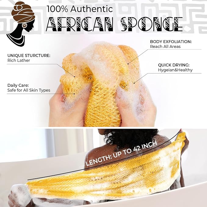 Real African Net Sponge - 2 Pieces Authentic African Wash Cloths for Showering - Exfoliating Body Sponges for Bathing Yellow & Forest - Back Scrub Exfoliator Scrubber for Body Bath Accessories
