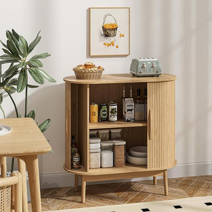 Accent Small Storage Cabine, Buffet Cabinet with Storage, Mid Century Modern Sliding Door Sideboard Cabinet for Kitchen, Entryway (Oak)