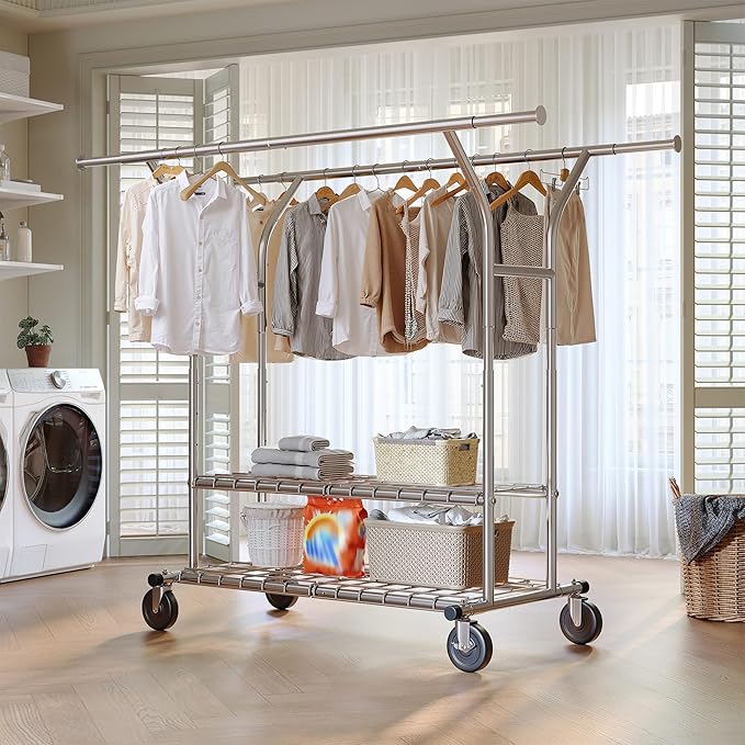 Raybee 74" W Heavy Duty Clothes Rack, Double Rods Clothing Rack Load 630 LBS, Rolling Clothes Racks for Hanging Clothes 400+, Garment Rack for Bedroom, Laundry Room, Retail Store