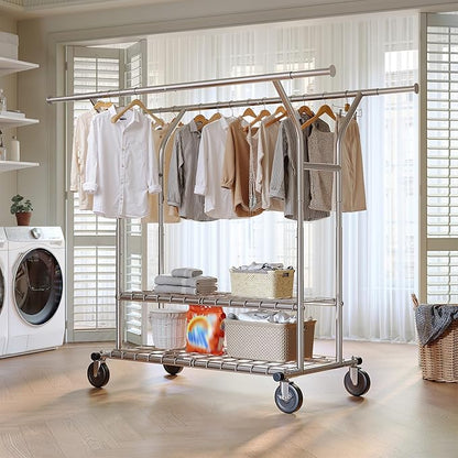 Raybee 74" W Heavy Duty Clothes Rack, Double Rods Clothing Rack Load 630 LBS, Rolling Clothes Racks for Hanging Clothes 400+, Garment Rack for Bedroom, Laundry Room, Retail Store