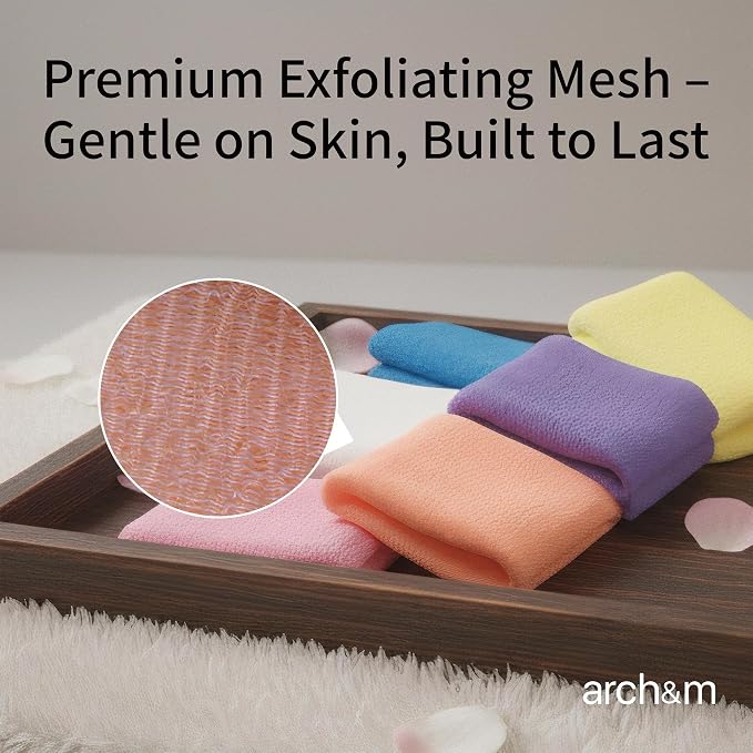 ARCH&M Exfoliating Back Washcloth & Body Scrubber, 3 Pack, 35-Inch | Japanese Washcloth, Exfoliation Shower Towel, Daily Use, Deep Cleansing, Nylon, Beauty Cloth For Smooth Skin
