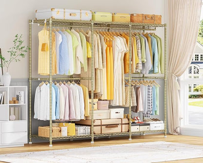 E14 Heavy Duty Clothes Rack，Freestanding Clothing Racks for Hanging Clothes，Adjustable Closet Organizers and Storage，Metal Garment Rack with Shelves 69" W x16 D x77 H，Max Load 960LBS，Gold