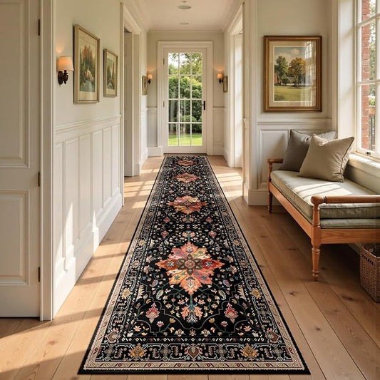 RELEANY Area Rugs Runner 2'6"x12' Washable Non-Slip, Floral Vintage Distress Medallion Carpet for Kitchen Hallway Bedroom Beside Laundry Room Bathroom, Black Colorful Floral Dark Tan