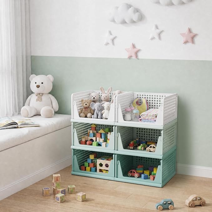 Pinkpum Green Boy Closet Organizers and Storage Stackable Plastic Drawer Basket for Clothing Stackable Storage Bins Shelf Storage Container for Rv Closet Wardrobe Bedroom Bathroom Playroom Man 6 Pack