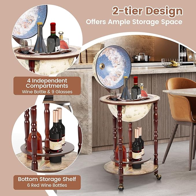 Goplus Globe Bar, 17.5” Globe Bar Liquor Cabinet with Wheels, Bottom Shelf, Old World Map, 16th Century Italian Replica Bar Globe, Retro Wine Stand, Globe Bar Cart for Dining Room Living Room Home