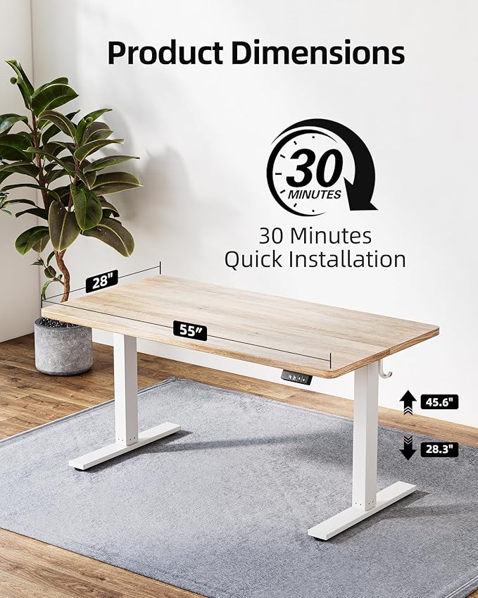 TIQLAB 55 * 28 Inches Standing Desk, Adjustable Height Stand up Desk,Sit Stand Home Office Table with Splice Board, Maple