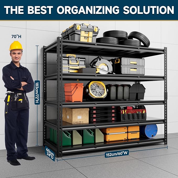 cynnda 5-Tier 60”D X 24”W X 72”H Heavy Duty Shelving 3000LBS Garage Storage Rack Heavy Duty Adjustable Industrial Warehouse Shelving(Black)