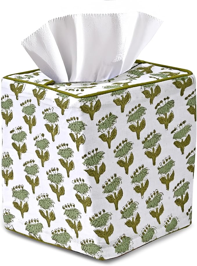 CPC Emerald Green Hand Block Printed Cotton Tissue Box Cover 5" x 5" x 5.5" Square Soft Reusable Boho Napkin Holder for Home Kitchen Dining Bathroom Office Cafe Spa Summer Thanksgiving