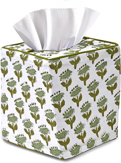 CPC Emerald Green Hand Block Printed Cotton Tissue Box Cover 5" x 5" x 5.5" Square Soft Reusable Boho Napkin Holder for Home Kitchen Dining Bathroom Office Cafe Spa Summer Thanksgiving