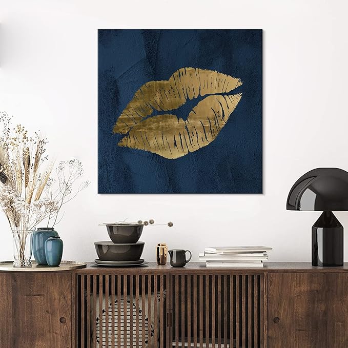 Navy Blue and Gold Lip Canvas Wall Art Lip Wall Decor Fashion Poster Sexy Painting Cute Pictures for Bedroom Bathroom Makeup Home Decoration 32x32Inch