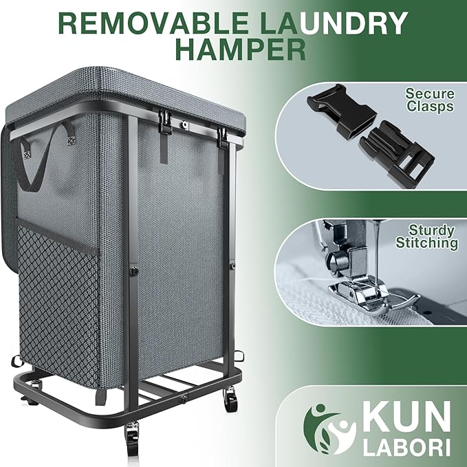 40 Gal(150L) Laundry Basket with Lid, Rolling Laundry Hamper with Wheels, Dirty Clothes Hamper with Metal Frame and Removable Bag Design, Suitable for Laundry Room, Bedroom - Grey
