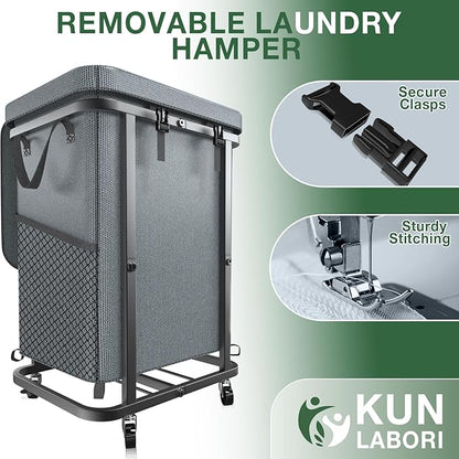 40 Gal(150L) Laundry Basket with Lid, Rolling Laundry Hamper with Wheels, Dirty Clothes Hamper with Metal Frame and Removable Bag Design, Suitable for Laundry Room, Bedroom - Grey