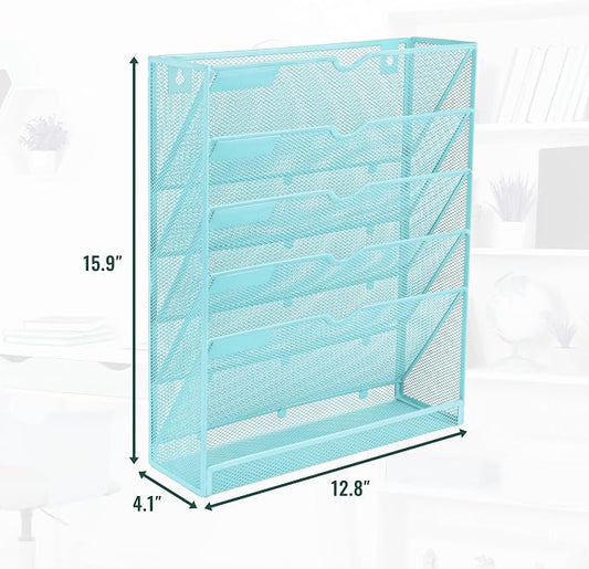 EASEPRES 6 Tier Mesh Hanging Wall File Organizer, Desk Vertical Mail Paper Document Folder Holder Rack with Bottom Tray and Nametag Label for Office Home School, Blue