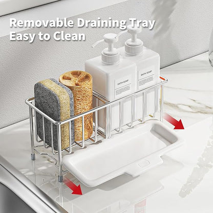 MAXCOOK Kitchen Sink Sponge Holder, 304 Stainless Steel Soap Dispenser Caddy Organize, Kitchen Sink Brush Caddy Holder with Removable Drain Tray