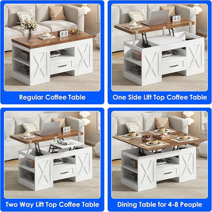 kepptory 39.4'' Lift Top Coffee Table with Storage, 4 in 1 Multi-Function Convertible Coffee Tables for Living Room, Farmhouse Coffee Table with Open Storage Compartment & Drawers (Brown&White)