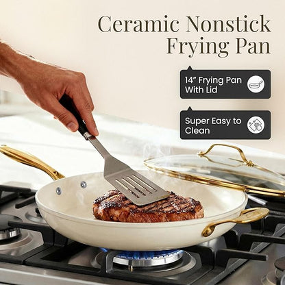 GOTHAM STEEL 14 Inch Frying Pan with Lid, Ceramic Nonstick Skillet, Non Toxic PFOA PFOS Free, Extra Large for Family, Dishwasher & Oven Safe 500°F, Cream