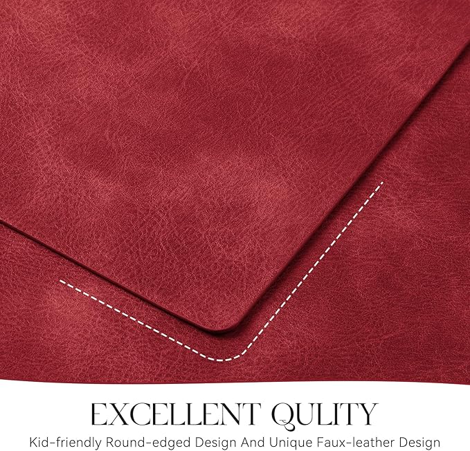 MOSAYT Vinyl Placemats Set of 6-12 X 17 Inch - Faux Leather 100% Waterproof Oil-Proof Wipeable PU Place Mats, Heat Resistant Reversible Table Mats for Kitchen, Dining, Outdoor (Red)
