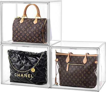 HBlife 3 Pack Purse Storage Organizer for Closet, X-Large Clear Stackable Handbag Display Case Box with Magnetic Door for Collectibles, Cosmetics, Women Heels and Toys