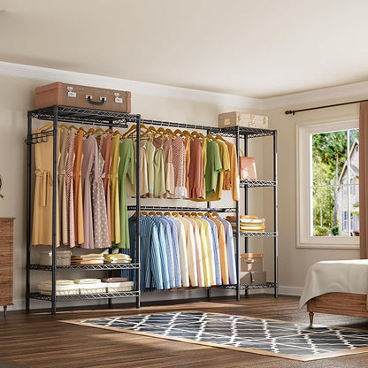 Heavy Duty Garment Rack Clothes Rack,Large Metal Closet Organizer System Storage Wardrobe,Freestanding Clothing Rack with 9 Adjustable Wire Shelves&3 Hang Rods,MaxLoad 1500lbs
